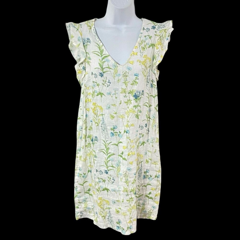 Vtg Laura Ashley 100% LINEN White Ruffle SLEEVELESS Dress XS Wildflowers Mini